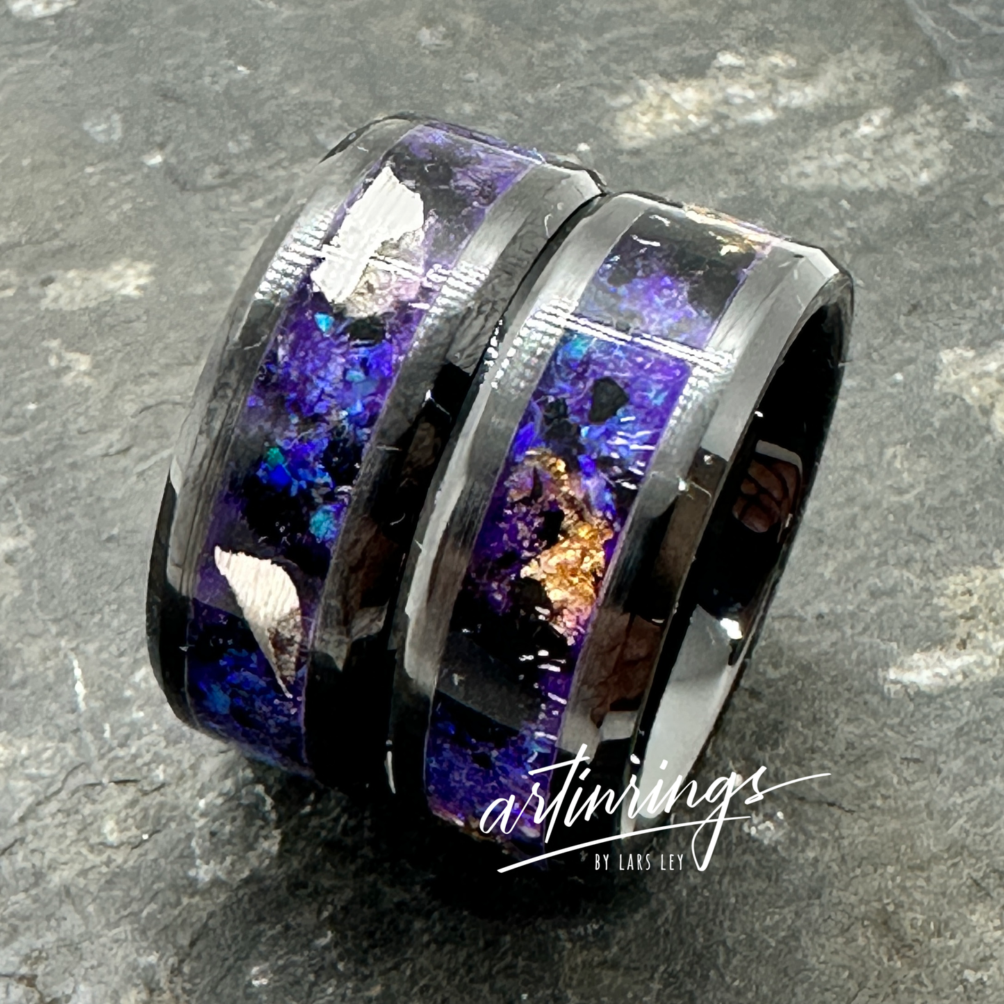 ring Set, New Orleans Edelstahl, gefüllt mit mauven Farbpigment und Opal
