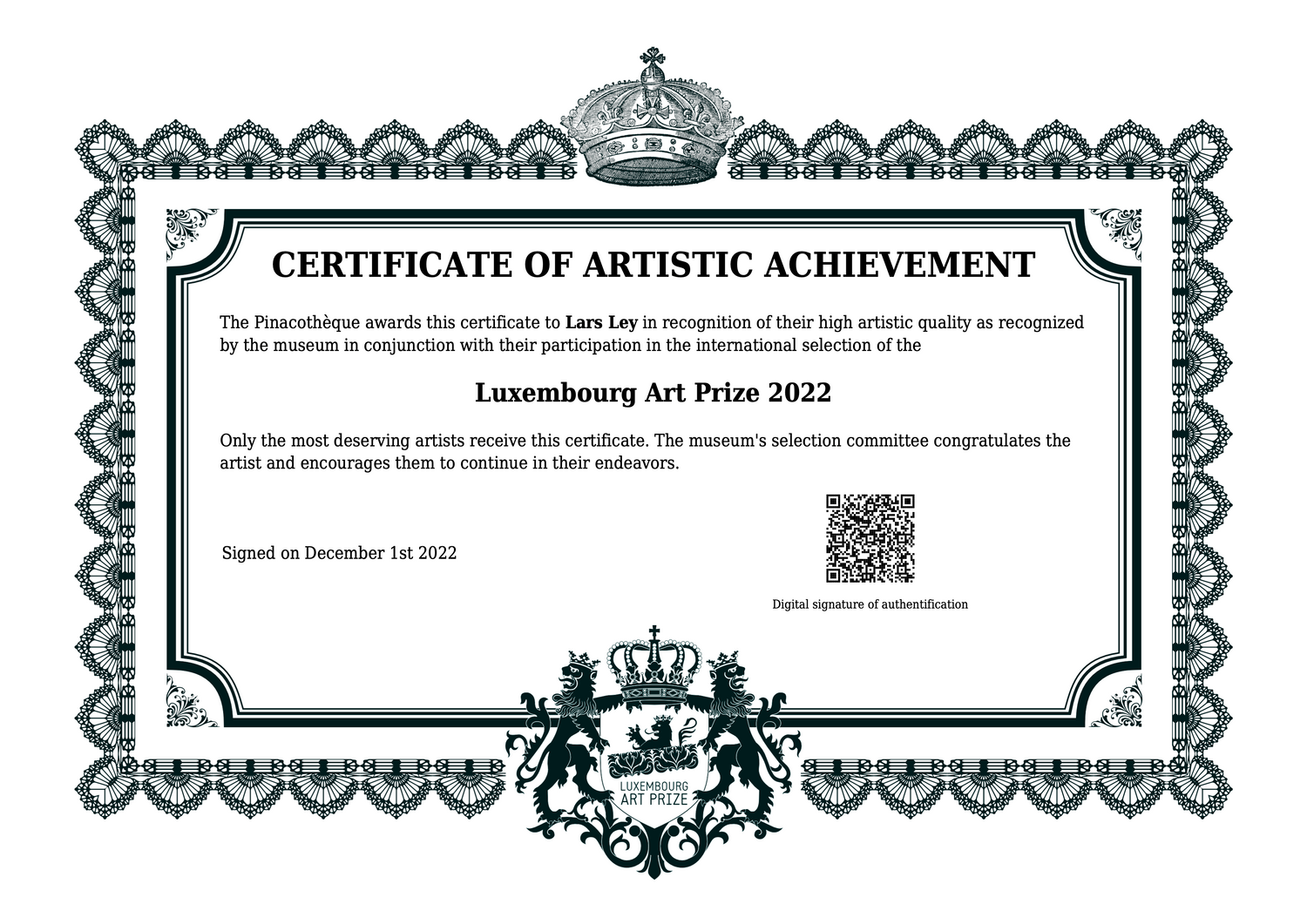 Certificate of artistic Achievment, Luxembourg Art Prize 2022