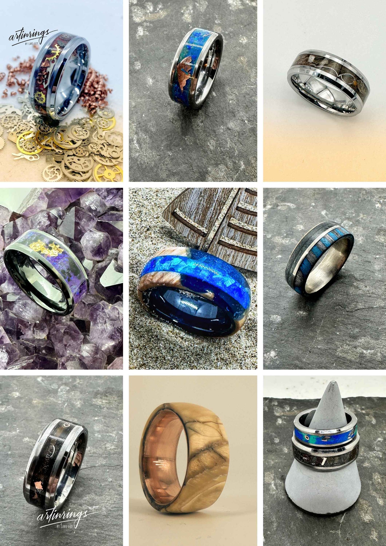 Collage mit handgefertigten Artinrings-Ringen aus Keramik, Edelstahl und Opal. Zu sehen sind Serien wie Dracoopalus Relic, Relic of Eternity und Abyssal Relic – Unikate zwischen Kunst, Handwerk und Symbolik.
