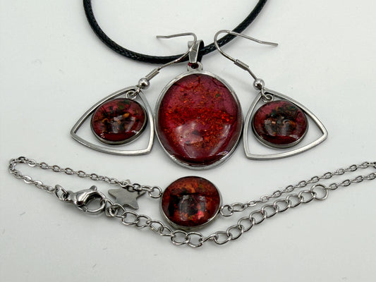 Feuerrotes Schmuckset – Anhänger, Ohrringe & Armband