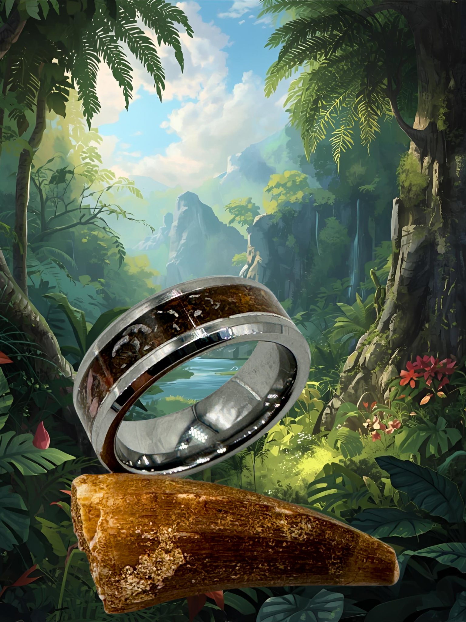 Photomontage des relic of eternity vor einer urzeitlichen Waldgegend. Der Ring wird zusammen mir einem fossilierten dinosaurierzahn gezeigt.