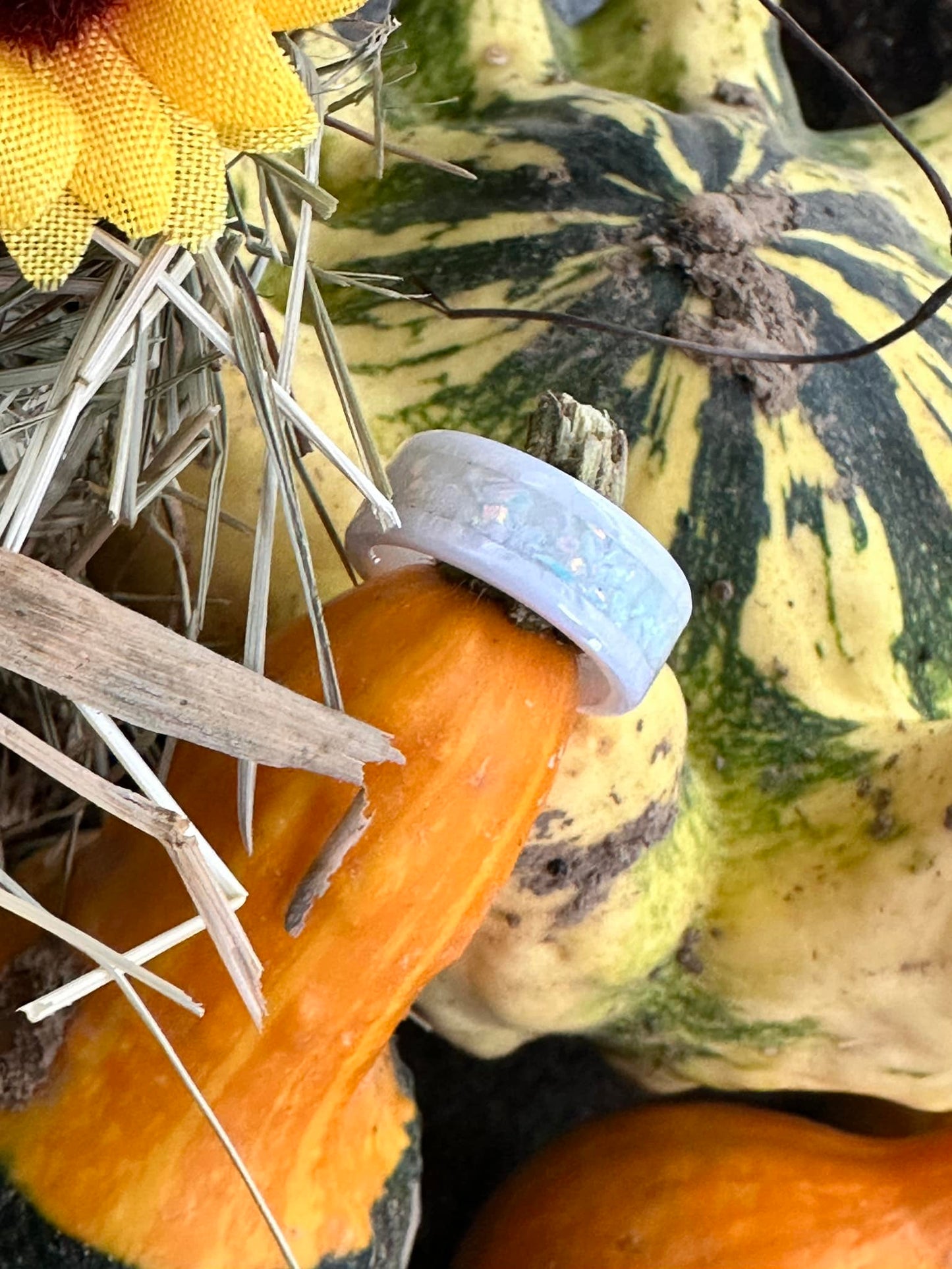 Der Ring White Lady aus weißer Keramik mit weißen Opalen liegt dekorativ auf einem kleinen Kürbis. Das irisierende Funkeln der Opale harmoniert mit der herbstlichen Szenerie aus Stroh, Blüten und bunten Kürbissen.  Alt-Text (EN): The White Lady ring made of white ceramic with white opals displayed on a small pumpkin. The iridescent sparkle of the opals harmonizes with the autumn scene of straw, flowers, and colorful gourds.